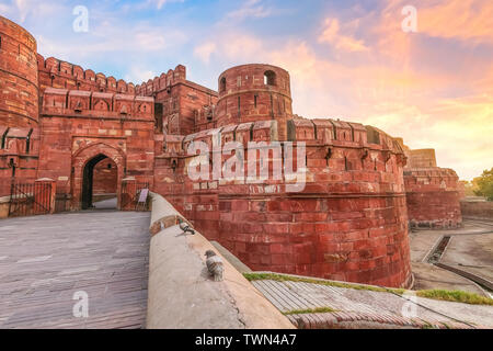 Agra Fort - Historic mughal architecture red sandstone fort of medieval India. Agra Fort is a UNESCO World Heritage site in the city of Agra India. Stock Photo