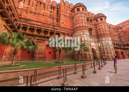 Agra Fort - Historic mughal architecture red sandstone fort of medieval India. Agra Fort is a UNESCO World Heritage site in the city of Agra India. Stock Photo