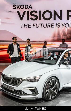 Paris, France, Oct 02, 2018 metallic white Skoda VISION RS concept car at Mondial Paris Motor Show electrically driven concept car produced by Skoda Stock Photo