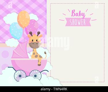card of giraffe animal with balloons and clouds to baby shower vector ...