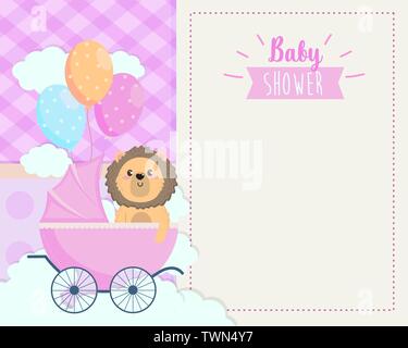 cute lion in card with balloons helium kawaii style vector illustration ...