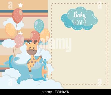 card of giraffe animal with balloons and clouds to baby shower vector ...