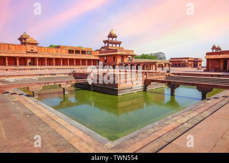 Fatehpur Sikri medieval fort city built in the year 1570 at Agra, India. View of Anup Talao a concert stage surrounded by water. Stock Photo