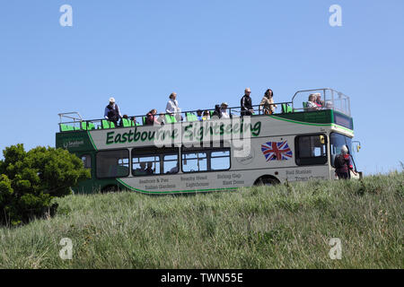 Eastbourne sightseeing bus at Beachy Head, East Sussex, UK Stock Photo