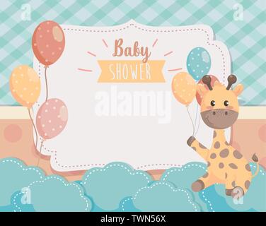 card of giraffe animal with balloons and clouds to baby shower vector ...