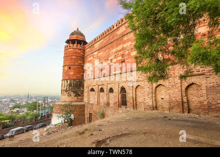 Fatehpur Sikri red sandstone fort wall with aerial view of Fatehpur Sikri cityscape at Agra, India Stock Photo