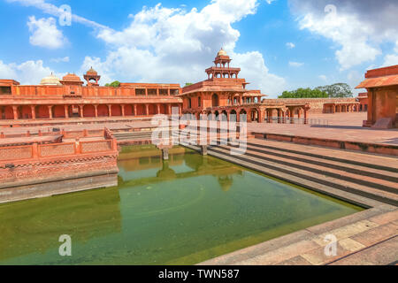 Fatehpur Sikri medieval fort city built in the year 1570 at Agra, India. View of Anup Talao a concert stage surrounded by water. Stock Photo