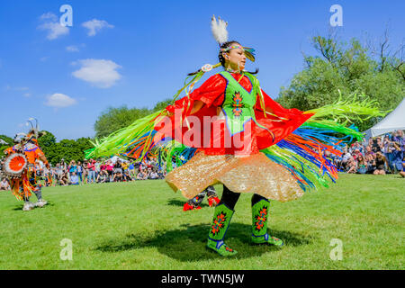 Pow wow dancers at National Indigenous Day Celebration, Trout Lake, Vancouver, British Columbia, Canada Stock Photo