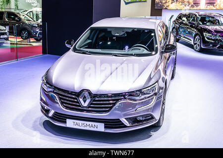 Paris, France, Oct 05, 2018: metallic silver Renault Talisman Sedan Limousine at Mondial Paris Motor Show, produced by French Renault Stock Photo