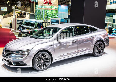 Paris, France, Oct 05, 2018: metallic silver Renault Talisman Sedan Limousine at Mondial Paris Motor Show, produced by French Renault Stock Photo