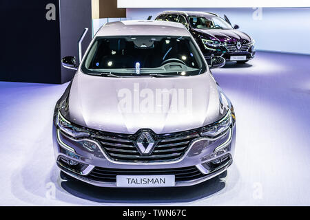 Paris, France, Oct 05, 2018: metallic silver Renault Talisman Sedan Limousine at Mondial Paris Motor Show, produced by French Renault Stock Photo