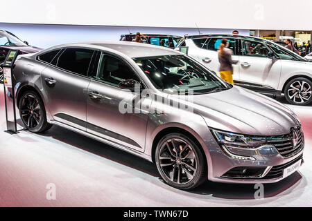 Paris, France, Oct 05, 2018: metallic silver Renault Talisman Sedan Limousine at Mondial Paris Motor Show, produced by French Renault Stock Photo