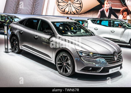 Paris, France, Oct 05, 2018: metallic silver Renault Talisman Sedan Limousine at Mondial Paris Motor Show, produced by French Renault Stock Photo