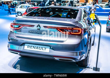 Paris, France, Oct 05, 2018: metallic silver Renault Talisman Sedan Limousine at Mondial Paris Motor Show, produced by French Renault Stock Photo