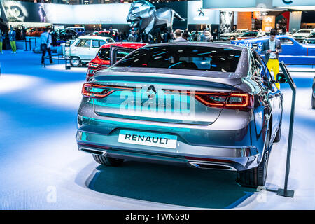 Paris, France, Oct 05, 2018: metallic silver Renault Talisman Sedan Limousine at Mondial Paris Motor Show, produced by French Renault Stock Photo