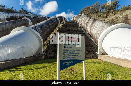 Tumut 3 Power station.  A hydro-electric power station in the Snowy Mountains, Australia.  Pic shows the penstock pipes carrying water to the turbines Stock Photo