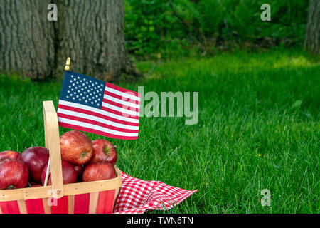 Basket of red apples and american flag on red and white checkered tablecloth on grass Stock Photo