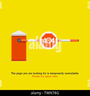 404 Page not Found Design Template. Orange Striped Car Barrier with Stop Sign. 404 Error Concept. Link to Non-Existing Domain. Vector Illustration Stock Vector
