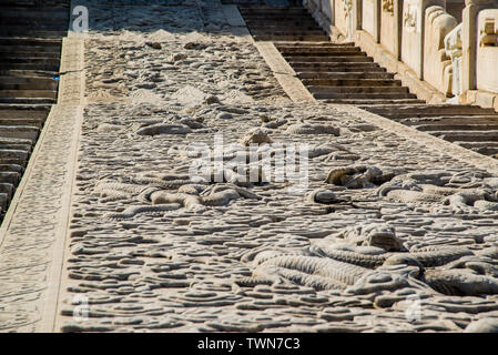 The embossed white marble stairway before the Hall of Supreme Harmony in forbidden city in Beijing Stock Photo