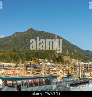 Sept. 17, 2018 - Ketchikan, AK: Many boats moored in Thomas Basin Small Boat Harbour. Late afternoon, Deer Mountain in background. Stock Photo