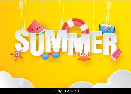 Hello summer with decoration origami hanging on the sky background ...