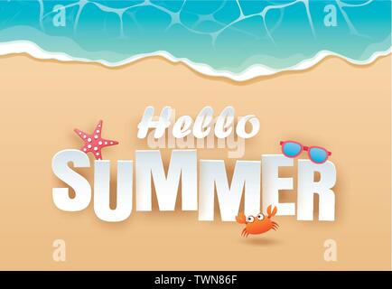 Hello summer beach top view travel and vacation background. Use for banner template, greeting card, invitation, wave and sand poster. Stock Vector