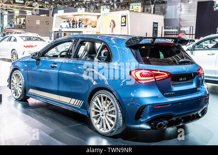 Paris, France, October 2018 blue Mercedes-AMG A 35 4MATIC+ at Mondial Paris Motor Show, 4th gen A-class W177 produced by Mercedes Benz Stock Photo