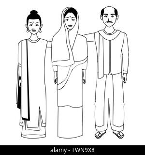 group of indian people avatar in black and white Stock Vector