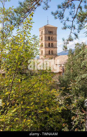 View of Saint Scholastica medieval monastery surrounded, by trees in Subiaco. Founded by Benedict of Nursia Stock Photo