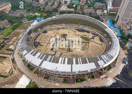 Chengdu, Sichuan Province, China - June 8, 2019 : Archaeological excavations in the Chengdu stadium in the center of the city aerial view Stock Photo