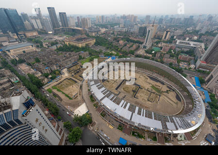 Chengdu, Sichuan Province, China - June 8, 2019 : Archaeological excavations in the Chengdu stadium in the center of the city aerial view Stock Photo