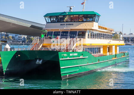 Sydney ferry named MV May Gibbs at Barangaroo ferry wharf in Sydney,Australia Stock Photo