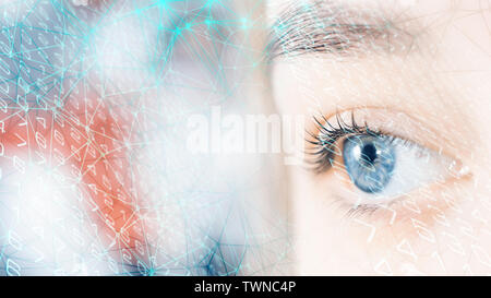 Human eye identity, digital dots lines and random numbers Stock Photo