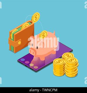 Flat 3d isometric piggy bank on smartphone with wallet and dollar coins. Mobile and internet banking concept. Stock Vector