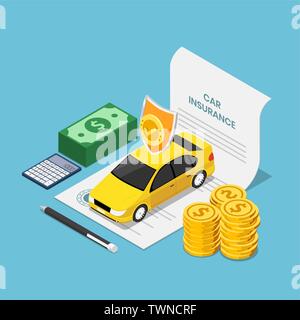 Flat 3d isometric car on insurance contract document with pen money and calculator. Car insurance concept. Stock Vector