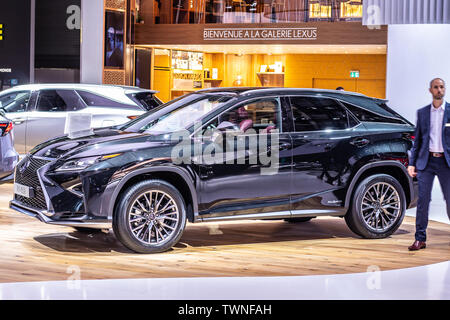 Paris, France, Oct 04, 2018 LEXUS RX 450h hybrid SHARPENED SOPHISTICATION, Mondial Paris Motor Show, suv produced by Japanese Lexus Stock Photo