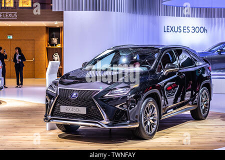 Paris, France, Oct 04, 2018 LEXUS RX 450h hybrid SHARPENED SOPHISTICATION, Mondial Paris Motor Show, suv produced by Japanese Lexus Stock Photo