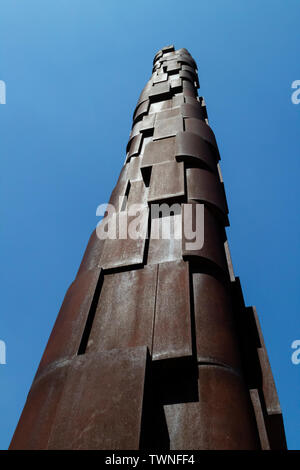 Bucharest, Romania - August 13th, 2018: A pillar made of rusty metal plates in the holocaust memorial in Bucharest, Romania Stock Photo
