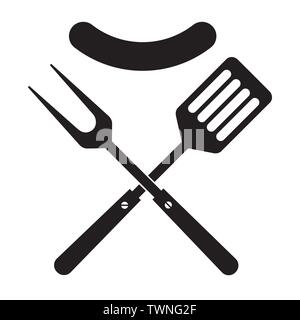 BBQ or grill tools icon. Crossed barbecue fork and spatula with sausage. Symbol template logo. Isolated vector illustration on white background. Stock Vector