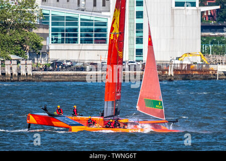 New York, USA,  21 June 2019.  Team China SailGP F50 catamaran races in the Hudson river during day one of the SailGP event in New York City.   Credit: Enrique Shore/Alamy Live News Stock Photo