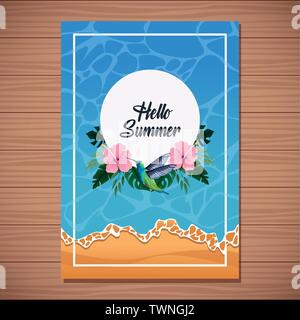 Hello summer card on wooden background Stock Vector
