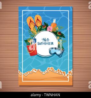 Hello summer card on wooden background Stock Vector