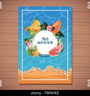 Hello summer card on wooden background Stock Vector