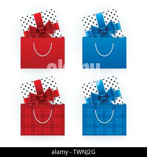 Boxes and bags on white background. Gift boxes in shopping bags. Stock Vector