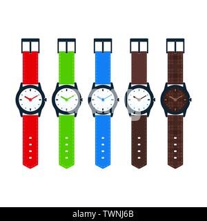 Analog watches on white background. Colorful watches collection. Stock Vector