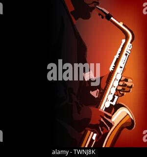 abstract music illustration with saxophone player on red background Stock Vector