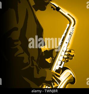abstract music illustration with saxophone player on golden background Stock Vector