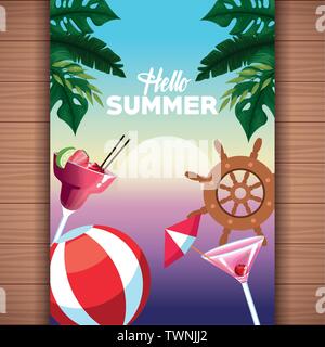 Hello summer card on wooden background Stock Vector