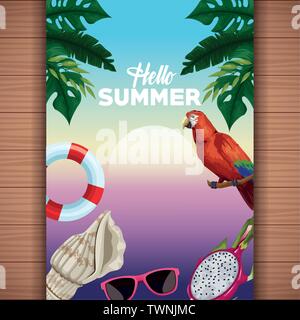 Hello summer card on wooden background Stock Vector