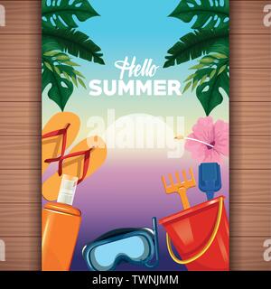 Hello summer card on wooden background Stock Vector